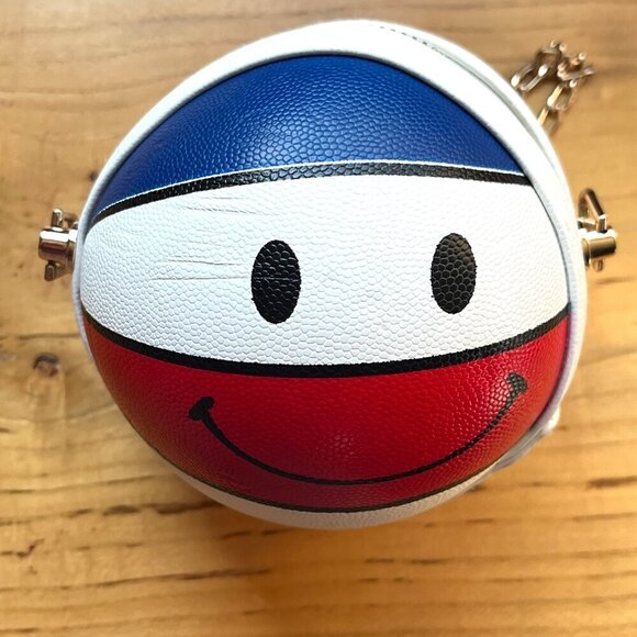 SMILE Basketball Shaped Red White Blue Mini Crossbody Handbag Shoulder Bag Purse - Picture 2 of 7